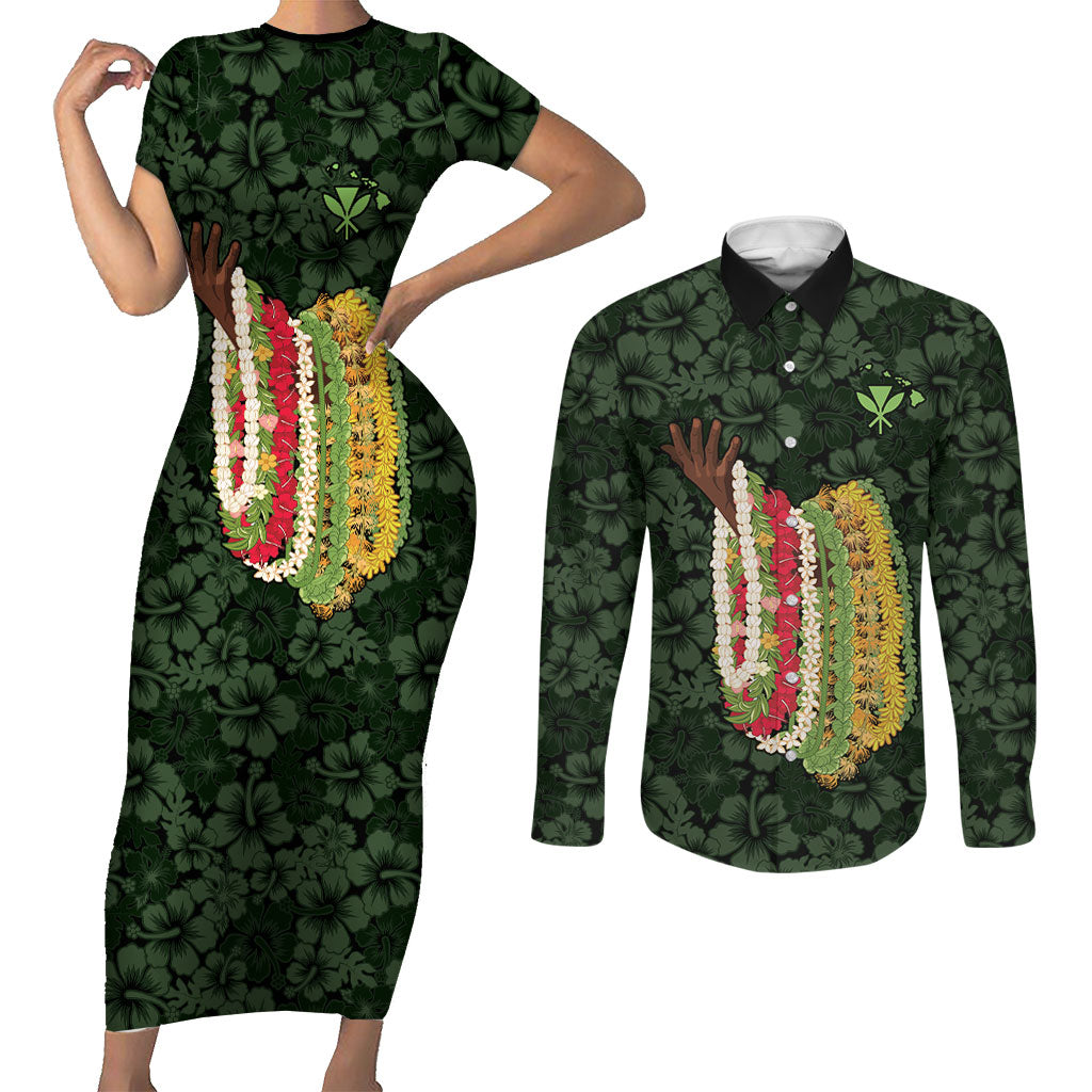 Hawaii Lei Kamehameha Couples Matching Short Sleeve Bodycon Dress and Long Sleeve Button Shirt Oma'oma'o Seamless Pattern Hibiscus Flower