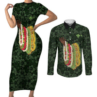Hawaii Lei Kamehameha Couples Matching Short Sleeve Bodycon Dress and Long Sleeve Button Shirt Oma'oma'o Seamless Pattern Hibiscus Flower LT9 Green - Polynesian Pride