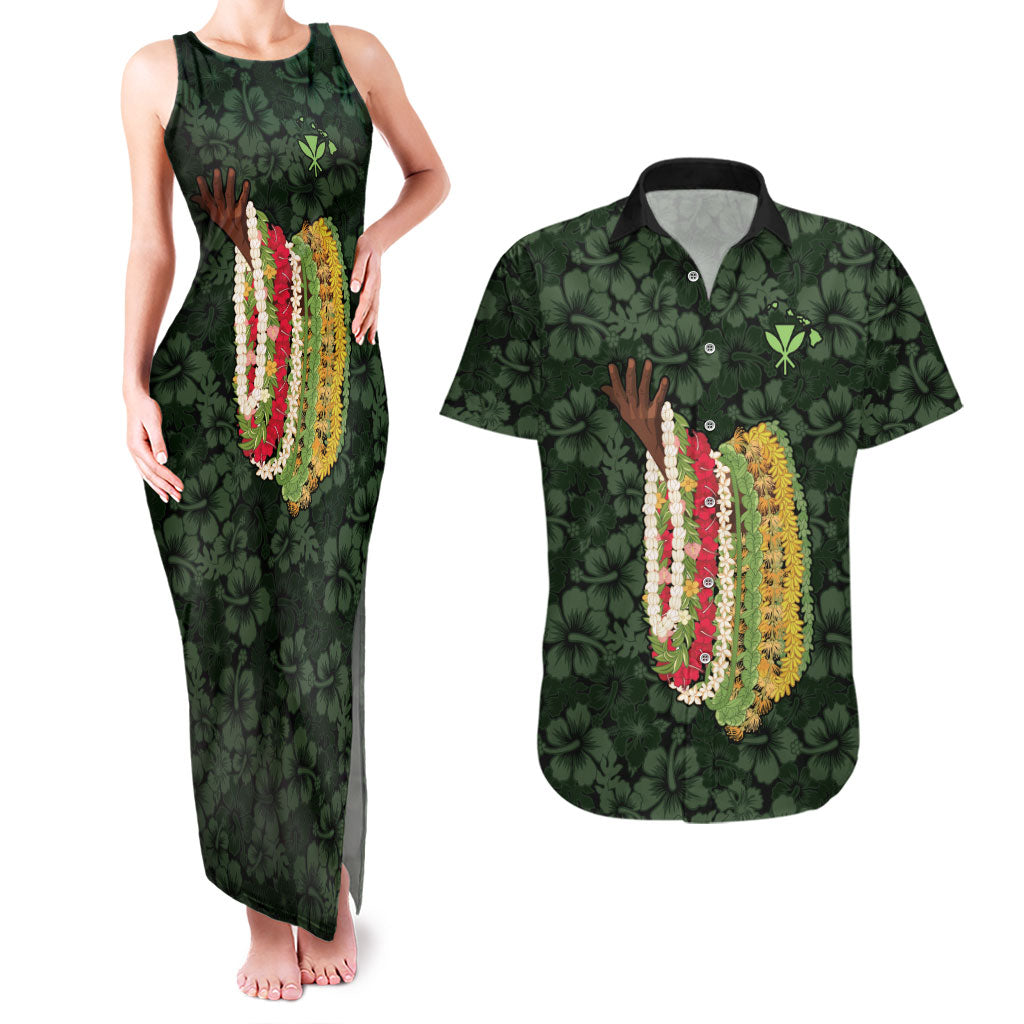 Hawaii Lei Kamehameha Couples Matching Tank Maxi Dress and Hawaiian Shirt Oma'oma'o Seamless Pattern Hibiscus Flower LT9 Green - Polynesian Pride