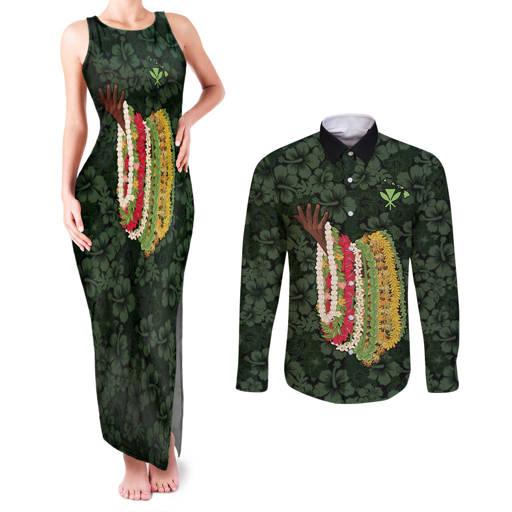 Hawaii Lei Kamehameha Couples Matching Tank Maxi Dress and Long Sleeve Button Shirt Oma'oma'o Seamless Pattern Hibiscus Flower LT9 Green - Polynesian Pride