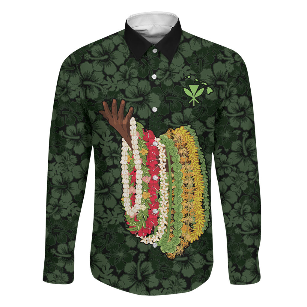 Hawaii Lei Kamehameha Family Matching Off The Shoulder Long Sleeve Dress and Hawaiian Shirt Oma'oma'o Seamless Pattern Hibiscus Flower LT9 Dad's Shirt - Long Sleeve Green - Polynesian Pride