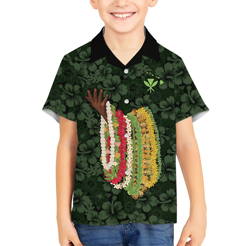 Hawaii Lei Kamehameha Family Matching Off Shoulder Maxi Dress and Hawaiian Shirt Oma'oma'o Seamless Pattern Hibiscus Flower LT9 Son's Shirt Green - Polynesian Pride