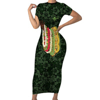 Hawaii Lei Kamehameha Family Matching Short Sleeve Bodycon Dress and Hawaiian Shirt Oma'oma'o Seamless Pattern Hibiscus Flower LT9 Mom's Dress Green - Polynesian Pride