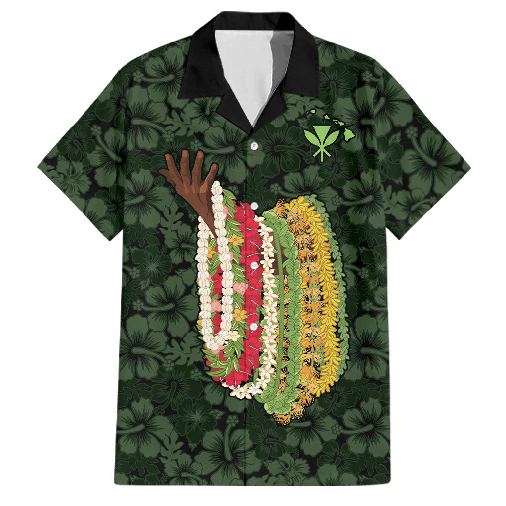 Hawaii Lei Kamehameha Family Matching Summer Maxi Dress and Hawaiian Shirt Oma'oma'o Seamless Pattern Hibiscus Flower LT9 Dad's Shirt - Short Sleeve Green - Polynesian Pride