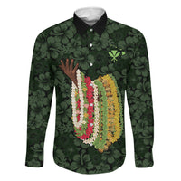 Hawaii Lei Kamehameha Family Matching Summer Maxi Dress and Hawaiian Shirt Oma'oma'o Seamless Pattern Hibiscus Flower LT9 Dad's Shirt - Long Sleeve Green - Polynesian Pride