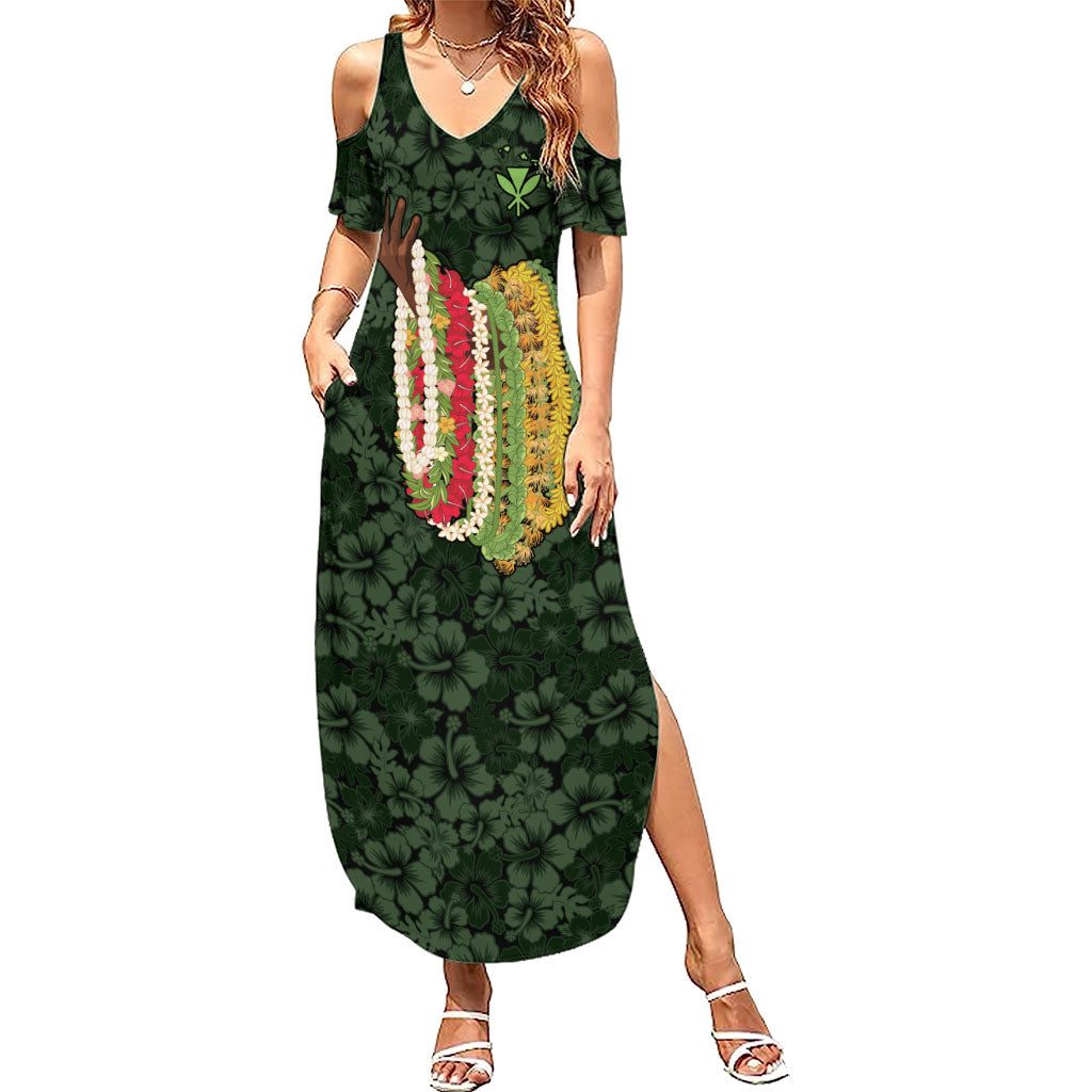 Hawaii Lei Kamehameha Family Matching Summer Maxi Dress and Hawaiian Shirt Oma'oma'o Seamless Pattern Hibiscus Flower LT9 Mom's Dress Green - Polynesian Pride