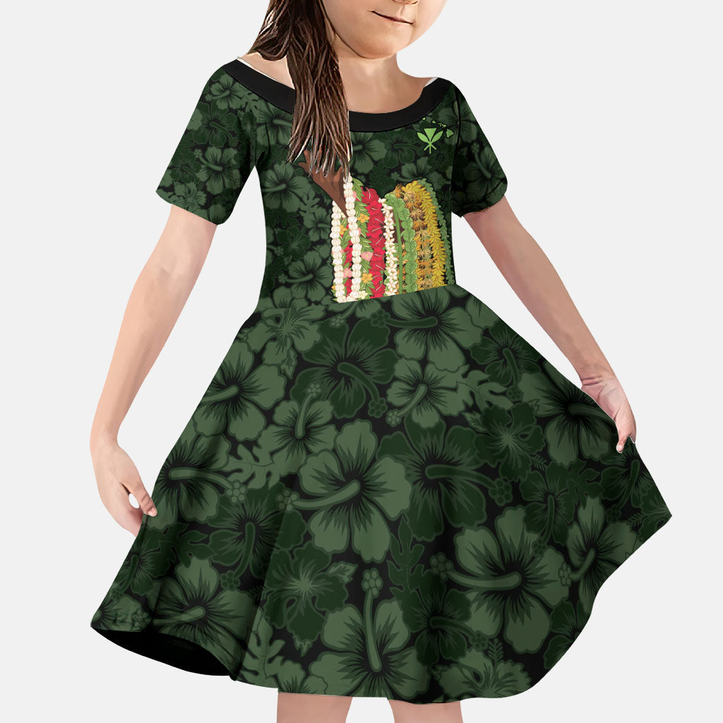 Hawaii Lei Kamehameha Family Matching Tank Maxi Dress and Hawaiian Shirt Oma'oma'o Seamless Pattern Hibiscus Flower LT9 Daughter's Dress Green - Polynesian Pride