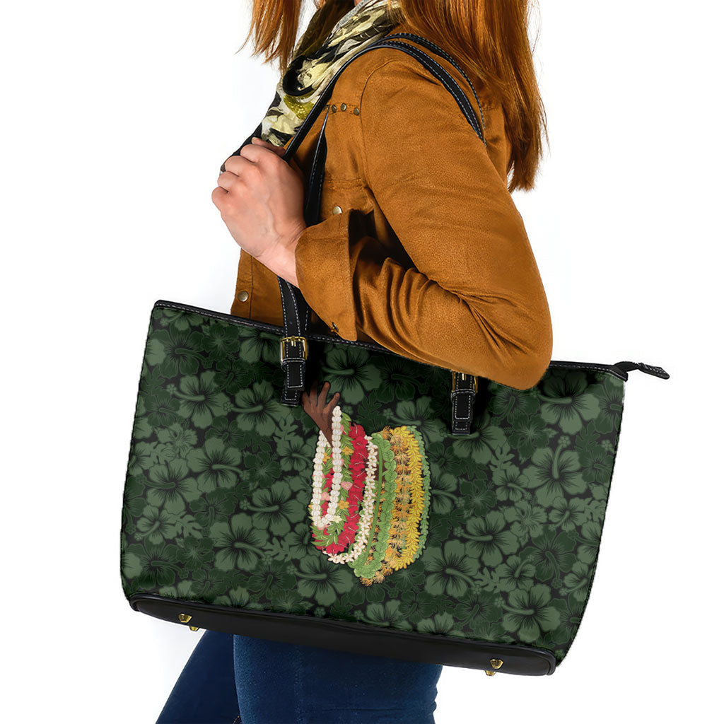 Hawaii Lei Kamehameha Leather Tote Bag Oma'oma'o Seamless Pattern Hibiscus Flower
