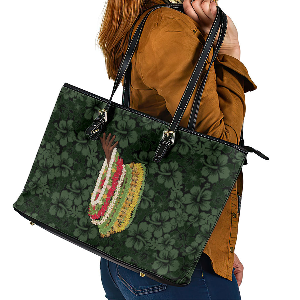 Hawaii Lei Kamehameha Leather Tote Bag Oma'oma'o Seamless Pattern Hibiscus Flower