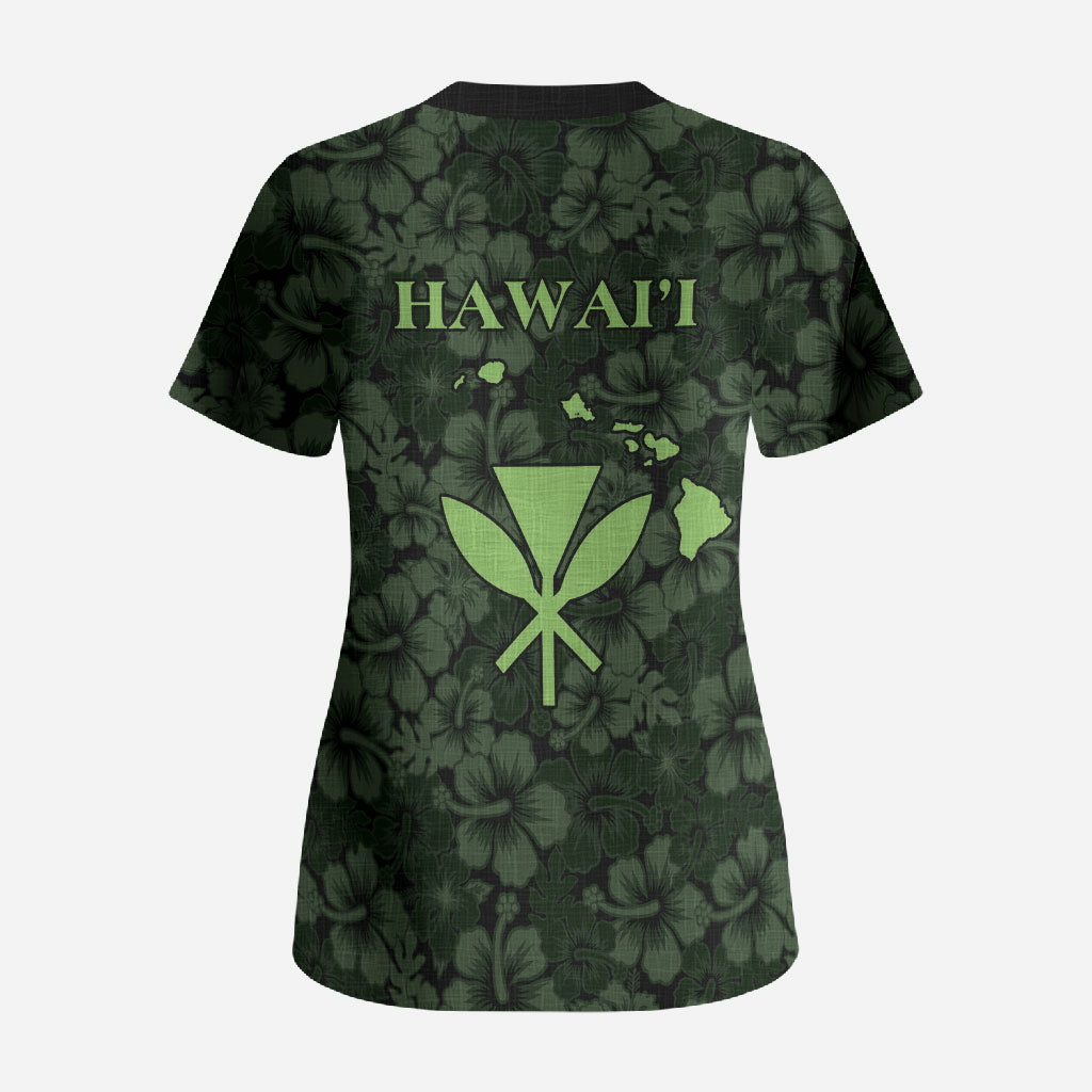 Hawaii Lei Kamehameha Scrub Top Oma'oma'o Seamless Pattern Hibiscus Flower LT9 - Polynesian Pride