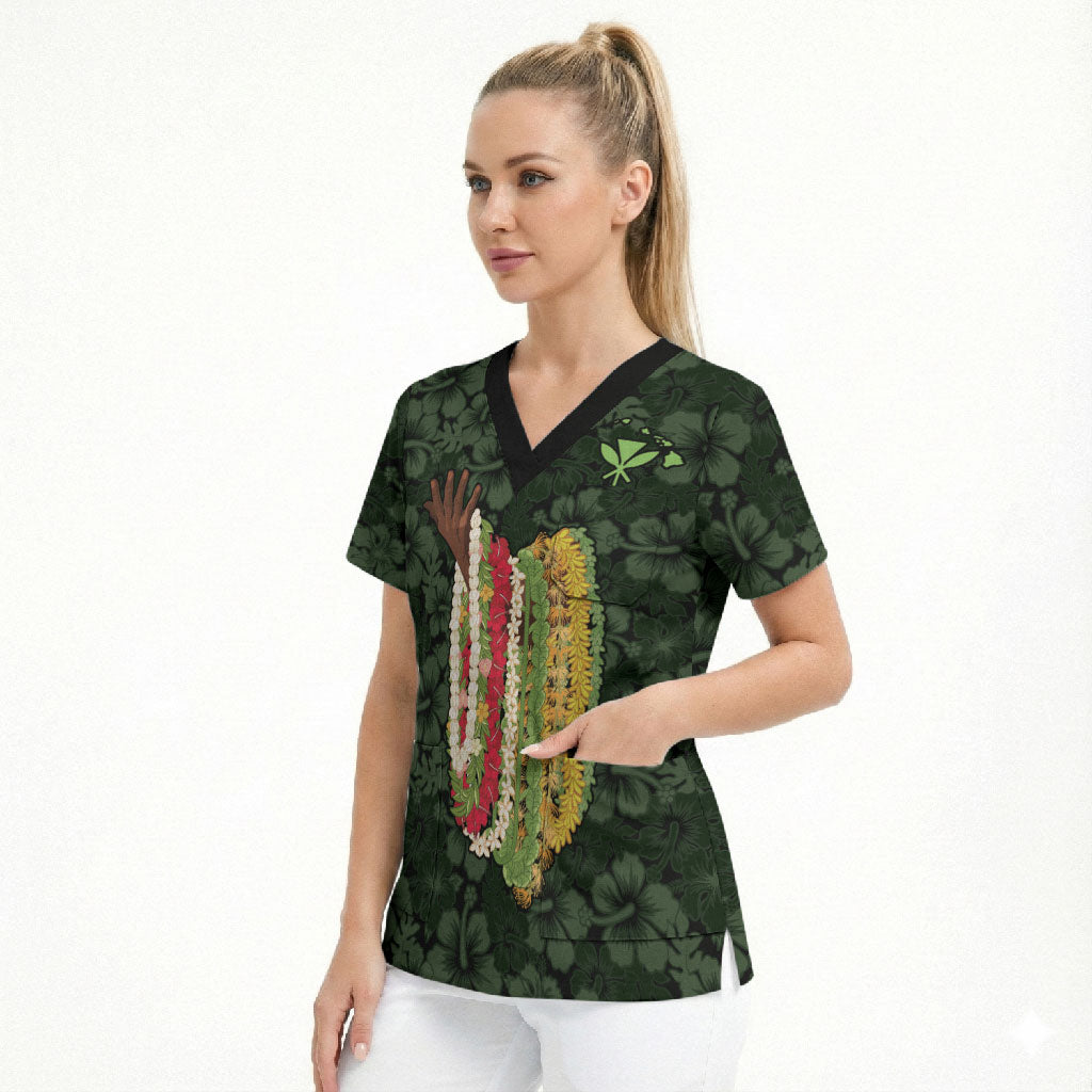 Hawaii Lei Kamehameha Scrub Top Oma'oma'o Seamless Pattern Hibiscus Flower LT9 - Polynesian Pride