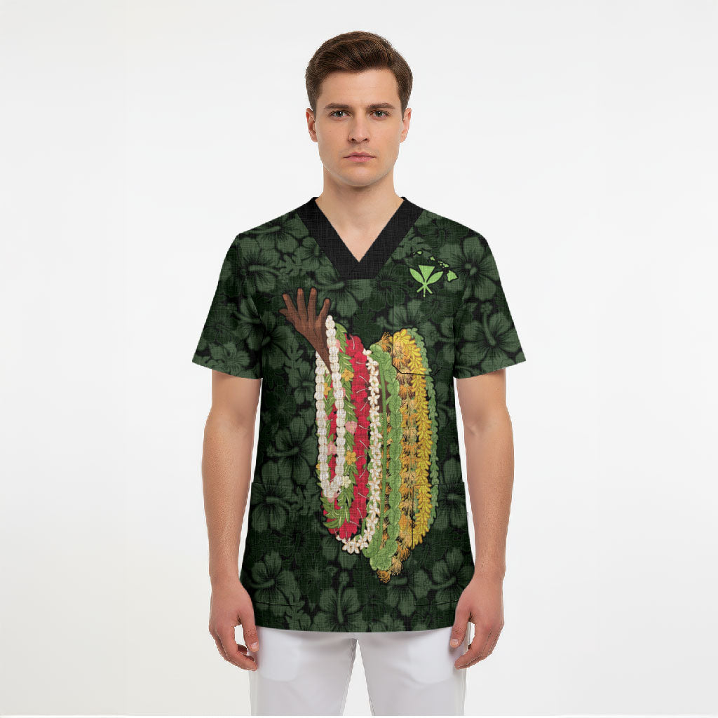 Hawaii Lei Kamehameha Scrub Top Oma'oma'o Seamless Pattern Hibiscus Flower LT9 - Polynesian Pride