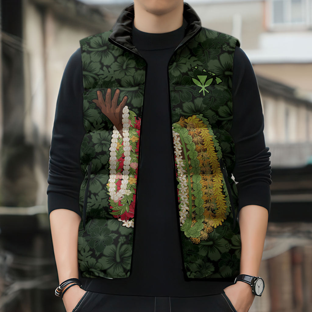 Hawaii Lei Kamehameha Sleeveless Puffer Jacket Oma'oma'o Seamless Pattern Hibiscus Flower