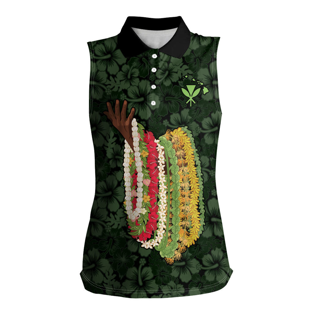 Hawaii Lei Kamehameha Women Sleeveless Polo Shirt Oma'oma'o Seamless Pattern Hibiscus Flower LT9 Female Green - Polynesian Pride