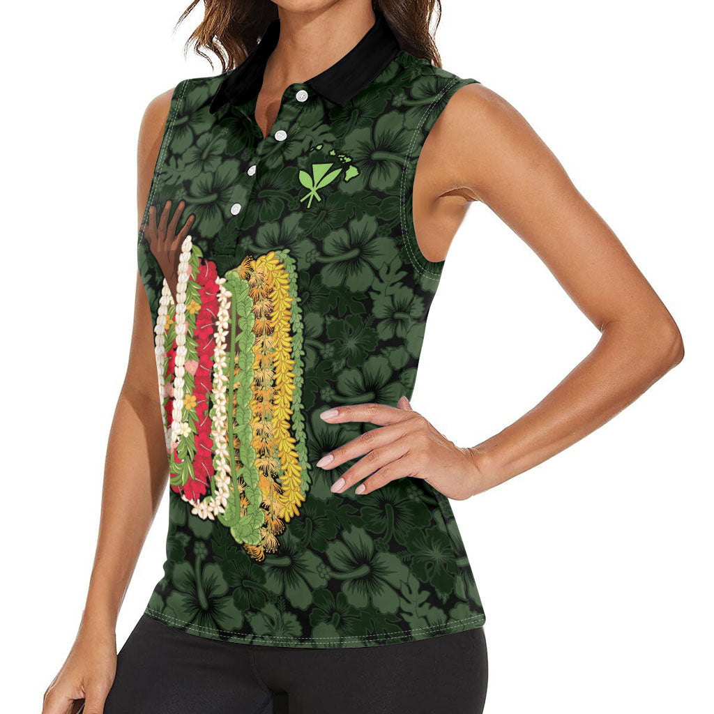 Hawaii Lei Kamehameha Women Sleeveless Polo Shirt Oma'oma'o Seamless Pattern Hibiscus Flower LT9 - Polynesian Pride