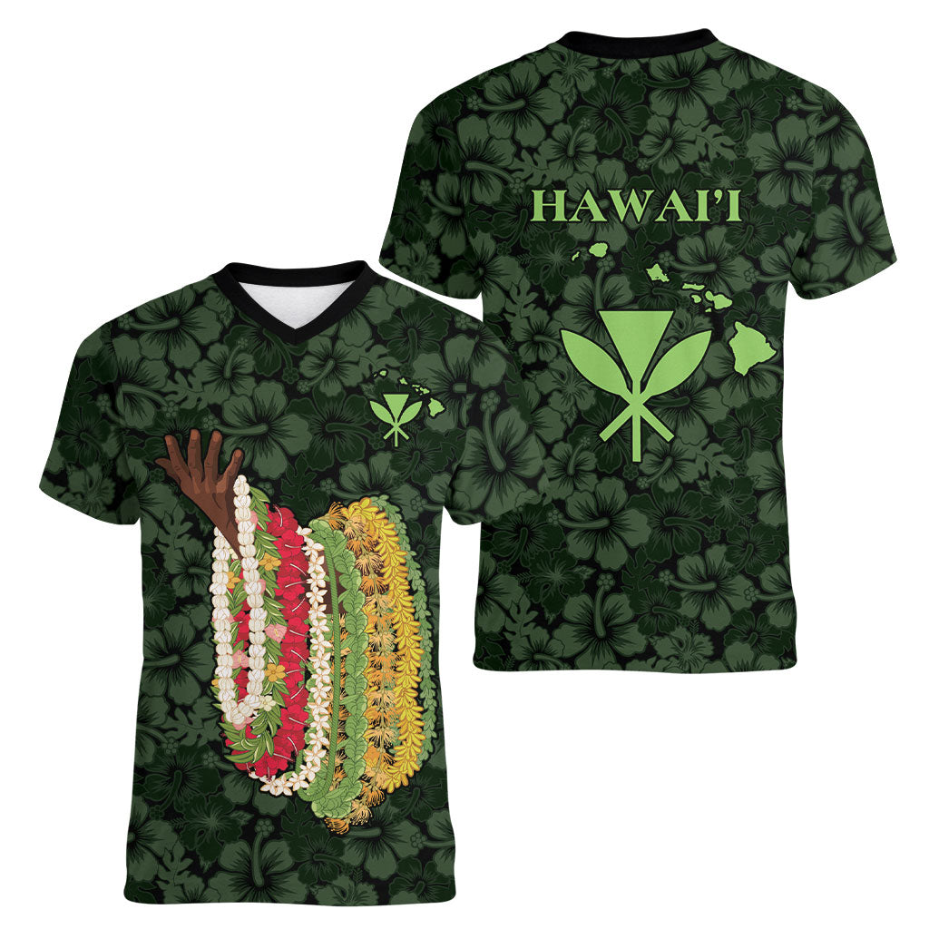 Hawaii Lei Kamehameha Women V-Neck T-Shirt Oma'oma'o Seamless Pattern Hibiscus Flower