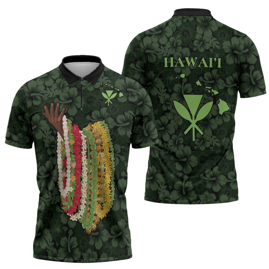 Hawaii Lei Kamehameha Zipper Polo Shirt Oma'oma'o Seamless Pattern Hibiscus Flower