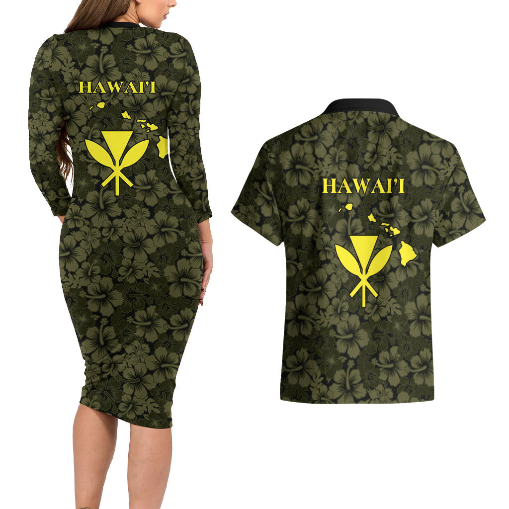 Hawaii Lei Kamehameha Couples Matching Long Sleeve Bodycon Dress and Hawaiian Shirt Melemele Seamless Pattern Hibiscus Flower LT9 - Polynesian Pride