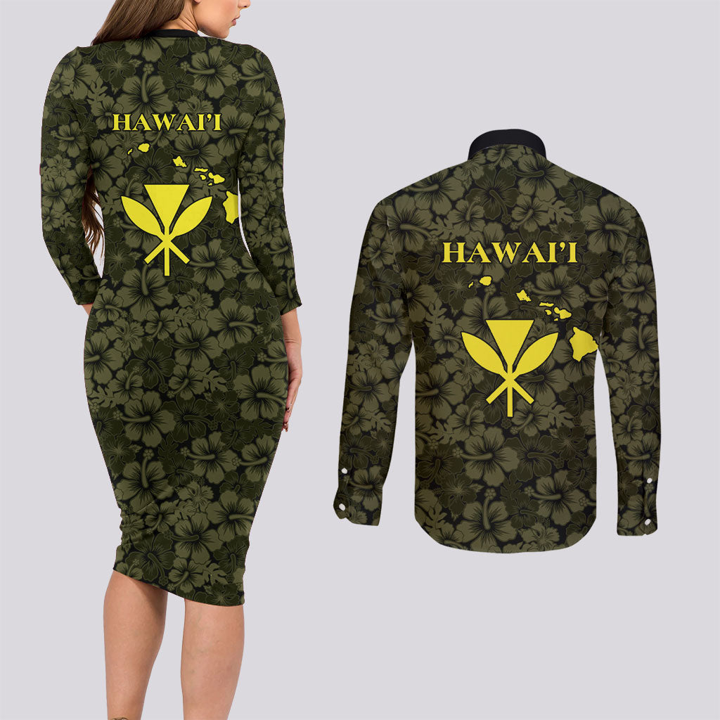 Hawaii Lei Kamehameha Couples Matching Long Sleeve Bodycon Dress and Long Sleeve Button Shirt Melemele Seamless Pattern Hibiscus Flower LT9 - Polynesian Pride