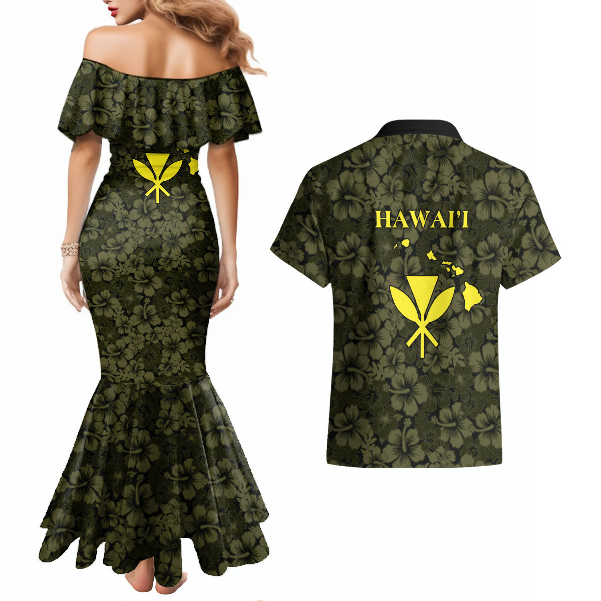 Hawaii Lei Kamehameha Couples Matching Mermaid Dress and Hawaiian Shirt Melemele Seamless Pattern Hibiscus Flower LT9 - Polynesian Pride