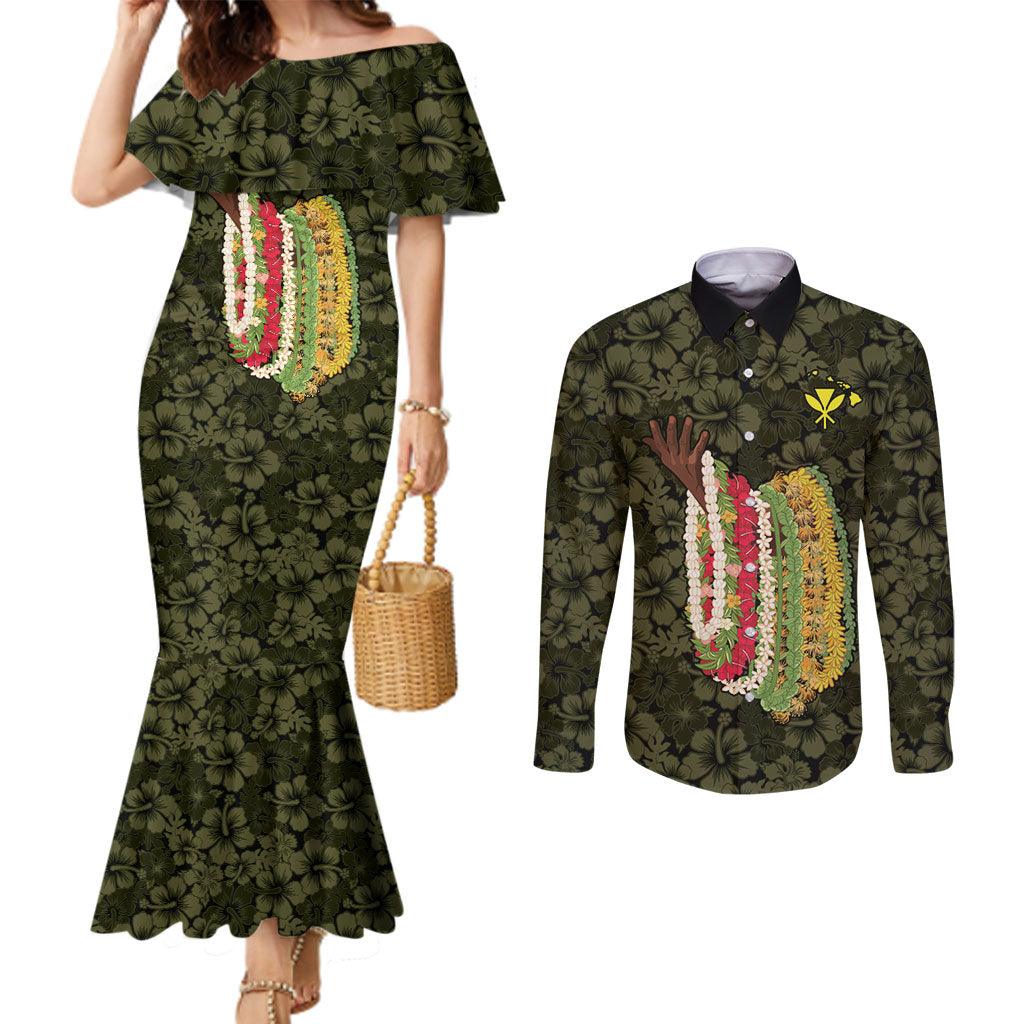 Hawaii Lei Kamehameha Couples Matching Mermaid Dress and Long Sleeve Button Shirt Melemele Seamless Pattern Hibiscus Flower LT9 Yellow - Polynesian Pride