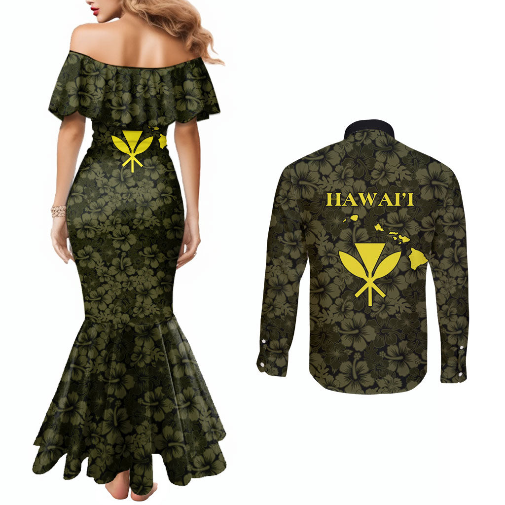 Hawaii Lei Kamehameha Couples Matching Mermaid Dress and Long Sleeve Button Shirt Melemele Seamless Pattern Hibiscus Flower LT9 - Polynesian Pride