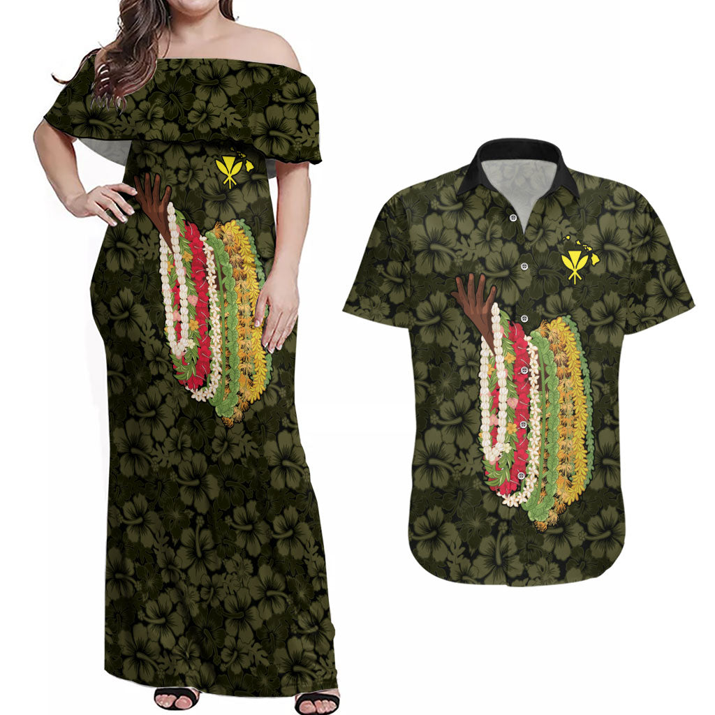 Hawaii Lei Kamehameha Couples Matching Off Shoulder Maxi Dress and Hawaiian Shirt Melemele Seamless Pattern Hibiscus Flower