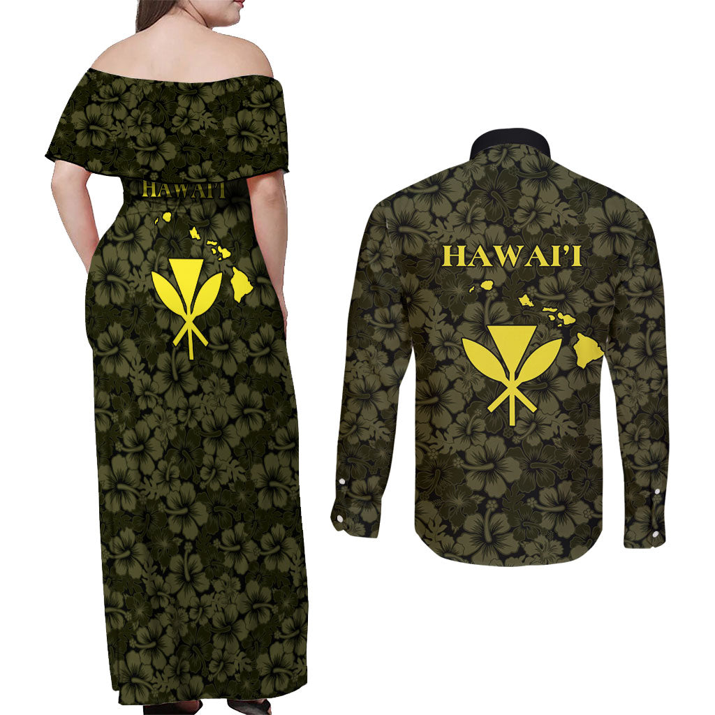 Hawaii Lei Kamehameha Couples Matching Off Shoulder Maxi Dress and Long Sleeve Button Shirt Melemele Seamless Pattern Hibiscus Flower LT9 - Polynesian Pride