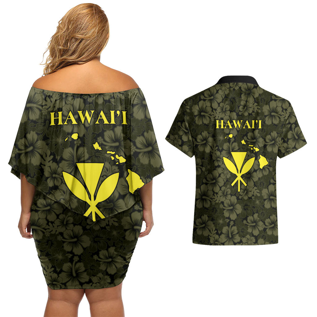 Hawaii Lei Kamehameha Couples Matching Off Shoulder Short Dress and Hawaiian Shirt Melemele Seamless Pattern Hibiscus Flower LT9 - Polynesian Pride