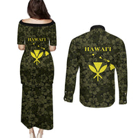 Hawaii Lei Kamehameha Couples Matching Puletasi and Long Sleeve Button Shirt Melemele Seamless Pattern Hibiscus Flower