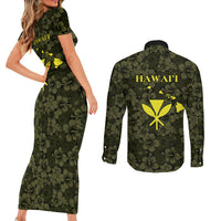 Hawaii Lei Kamehameha Couples Matching Short Sleeve Bodycon Dress and Long Sleeve Button Shirt Melemele Seamless Pattern Hibiscus Flower LT9 - Polynesian Pride