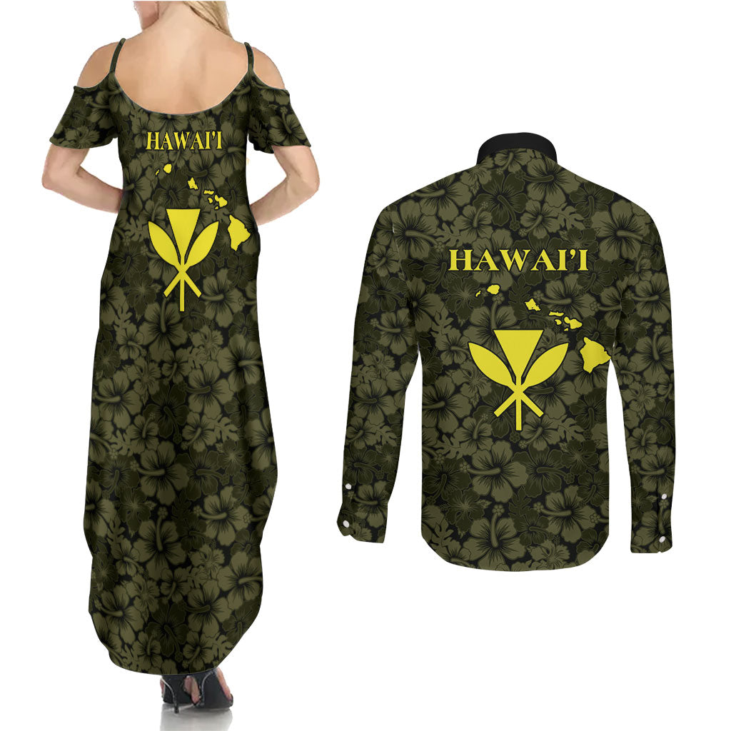 Hawaii Lei Kamehameha Couples Matching Summer Maxi Dress and Long Sleeve Button Shirt Melemele Seamless Pattern Hibiscus Flower LT9 - Polynesian Pride