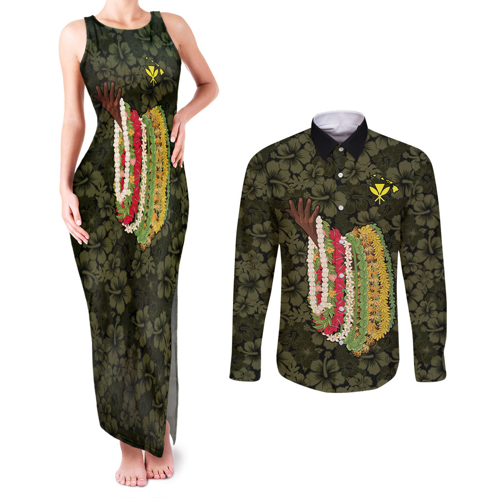 Hawaii Lei Kamehameha Couples Matching Tank Maxi Dress and Long Sleeve Button Shirt Melemele Seamless Pattern Hibiscus Flower