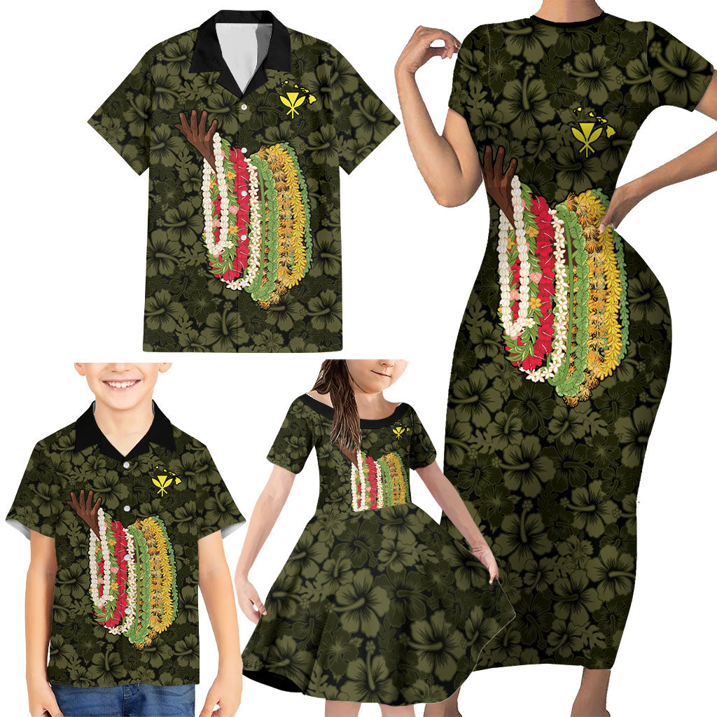 Hawaii Lei Kamehameha Family Matching Short Sleeve Bodycon Dress and Hawaiian Shirt Melemele Seamless Pattern Hibiscus Flower