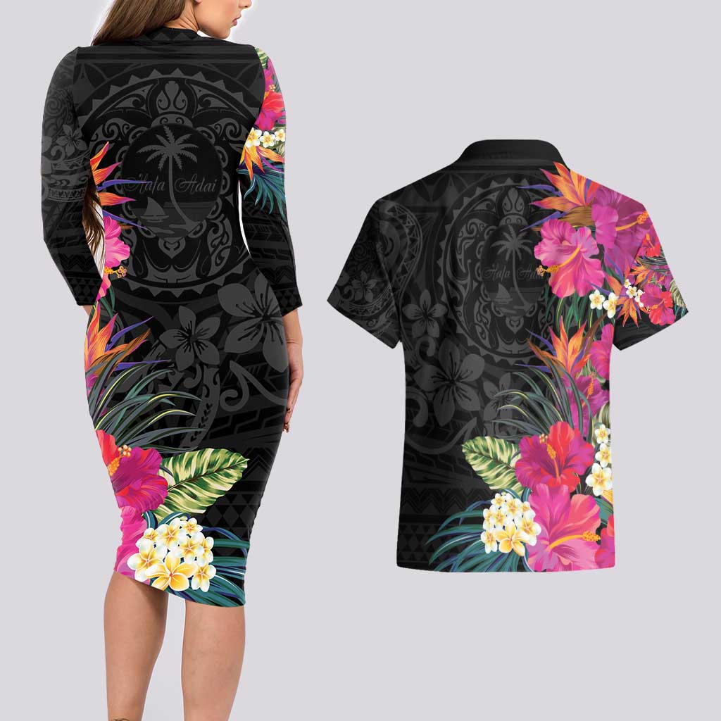 Hafa Adai Guam Couples Matching Long Sleeve Bodycon Dress and Hawaiian Shirt Tropical Flowers Colorful Vibes LT9 - Polynesian Pride