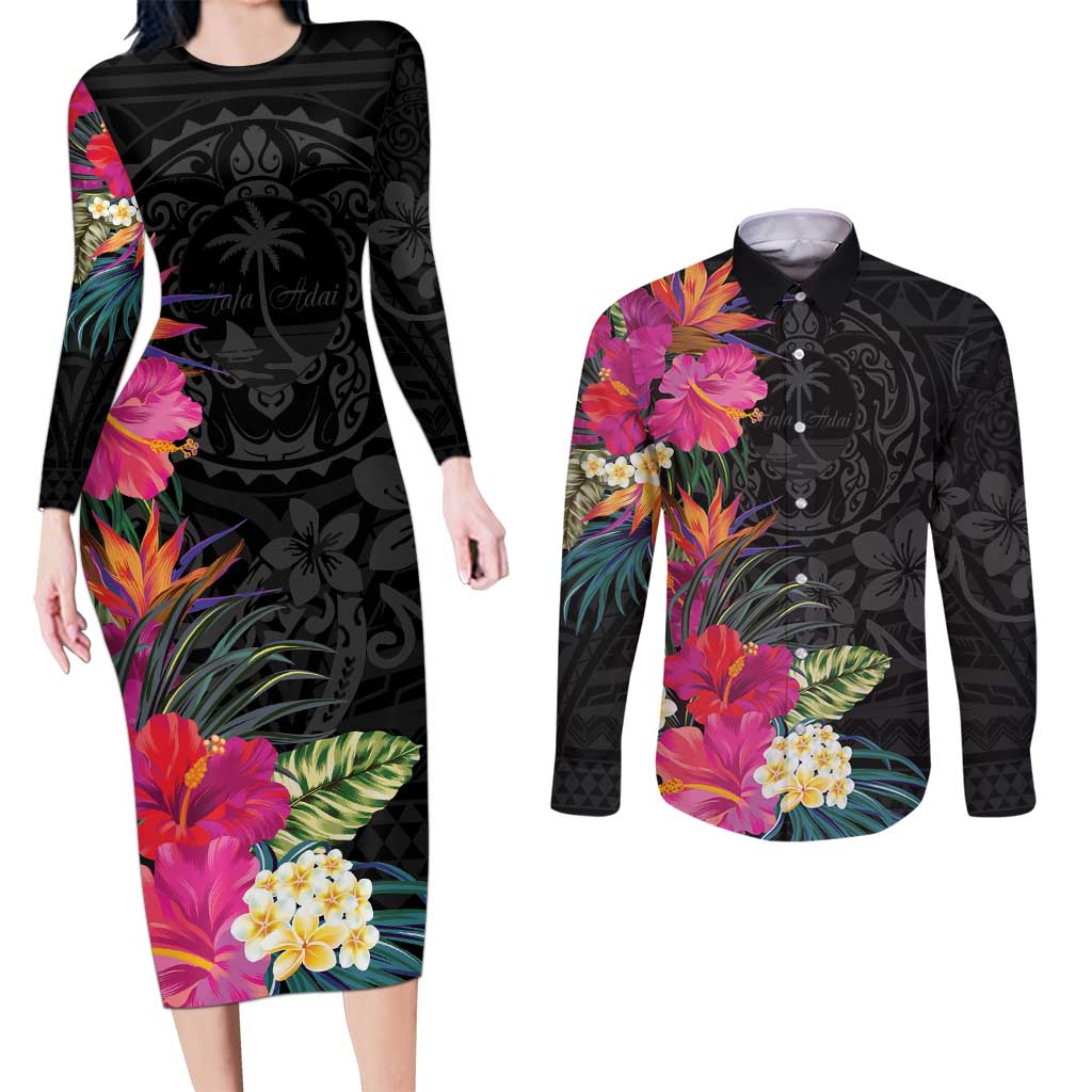 Hafa Adai Guam Couples Matching Long Sleeve Bodycon Dress and Long Sleeve Button Shirt Tropical Flowers Colorful Vibes LT9 Black - Polynesian Pride