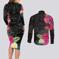 Hafa Adai Guam Couples Matching Long Sleeve Bodycon Dress and Long Sleeve Button Shirt Tropical Flowers Colorful Vibes LT9 - Polynesian Pride