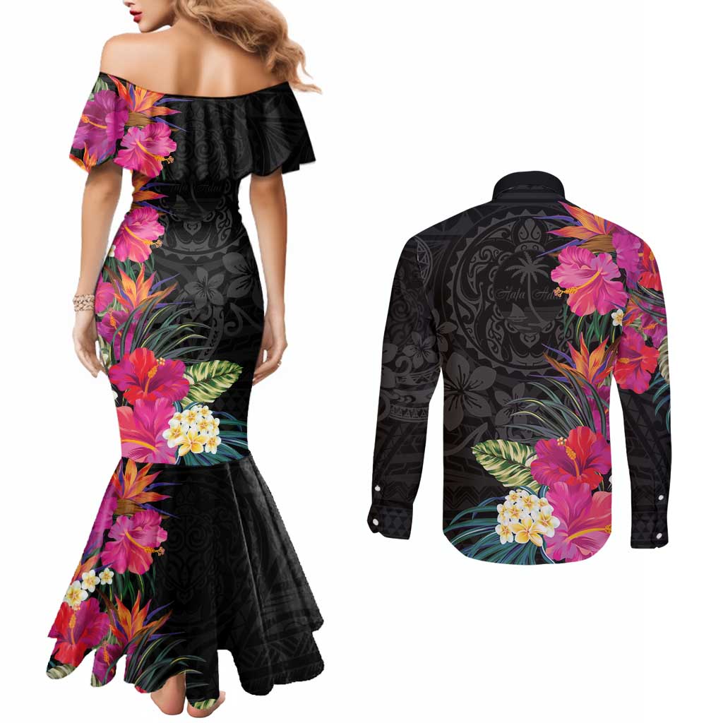 Hafa Adai Guam Couples Matching Mermaid Dress and Long Sleeve Button Shirt Tropical Flowers Colorful Vibes LT9 - Polynesian Pride