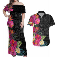 Hafa Adai Guam Couples Matching Off Shoulder Maxi Dress and Hawaiian Shirt Tropical Flowers Colorful Vibes LT9 Black - Polynesian Pride