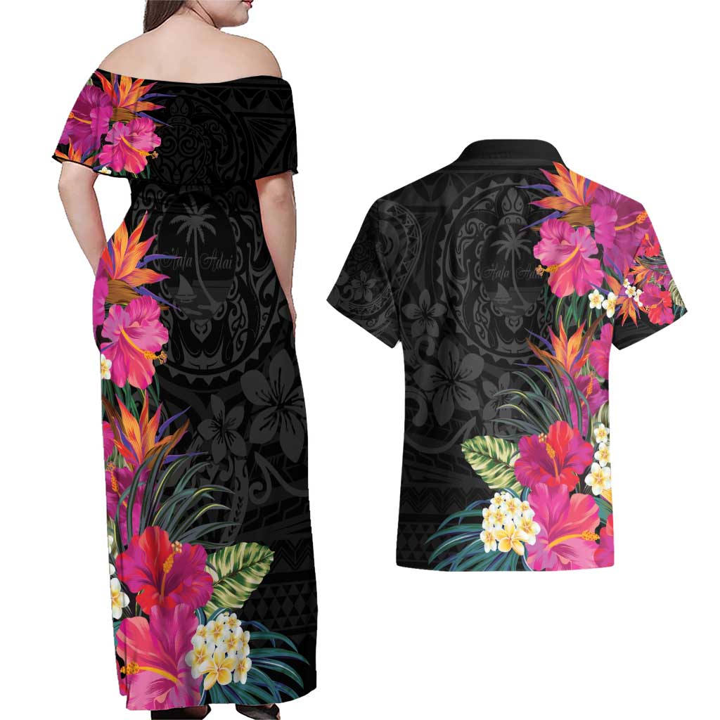 Hafa Adai Guam Couples Matching Off Shoulder Maxi Dress and Hawaiian Shirt Tropical Flowers Colorful Vibes LT9 - Polynesian Pride