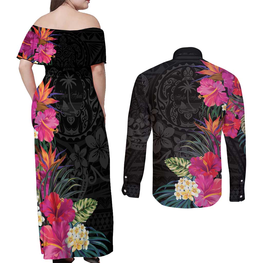 Hafa Adai Guam Couples Matching Off Shoulder Maxi Dress and Long Sleeve Button Shirt Tropical Flowers Colorful Vibes LT9 - Polynesian Pride