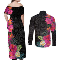 Hafa Adai Guam Couples Matching Off Shoulder Maxi Dress and Long Sleeve Button Shirt Tropical Flowers Colorful Vibes LT9 - Polynesian Pride