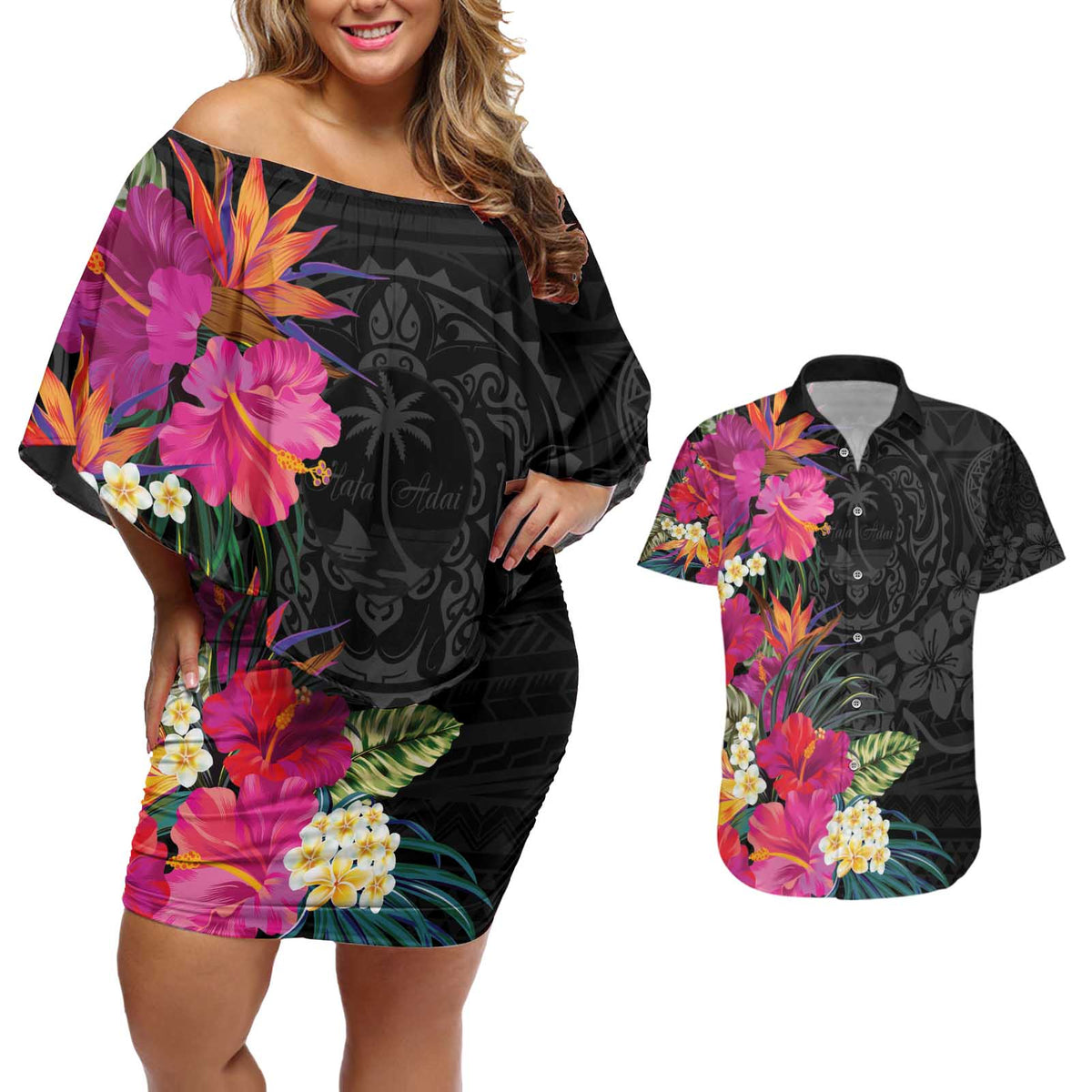Hafa Adai Guam Couples Matching Off Shoulder Short Dress and Hawaiian Shirt Tropical Flowers Colorful Vibes LT9 Black - Polynesian Pride