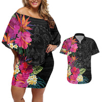 Hafa Adai Guam Couples Matching Off Shoulder Short Dress and Hawaiian Shirt Tropical Flowers Colorful Vibes LT9 Black - Polynesian Pride
