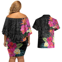 Hafa Adai Guam Couples Matching Off Shoulder Short Dress and Hawaiian Shirt Tropical Flowers Colorful Vibes LT9 - Polynesian Pride