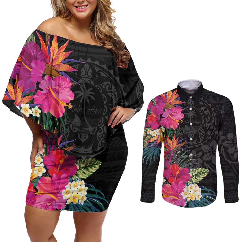 Hafa Adai Guam Couples Matching Off Shoulder Short Dress and Long Sleeve Button Shirt Tropical Flowers Colorful Vibes LT9 Black - Polynesian Pride