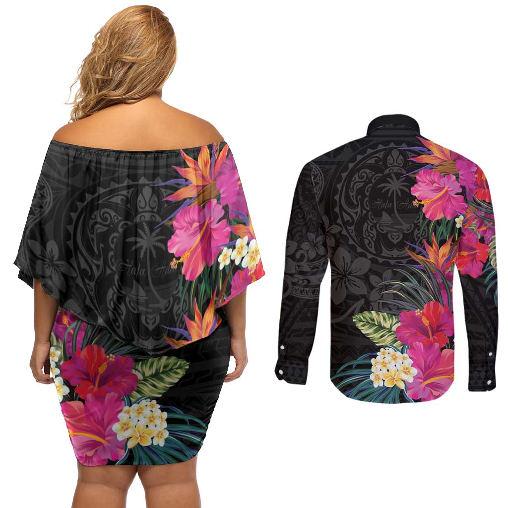 Hafa Adai Guam Couples Matching Off Shoulder Short Dress and Long Sleeve Button Shirt Tropical Flowers Colorful Vibes LT9 - Polynesian Pride