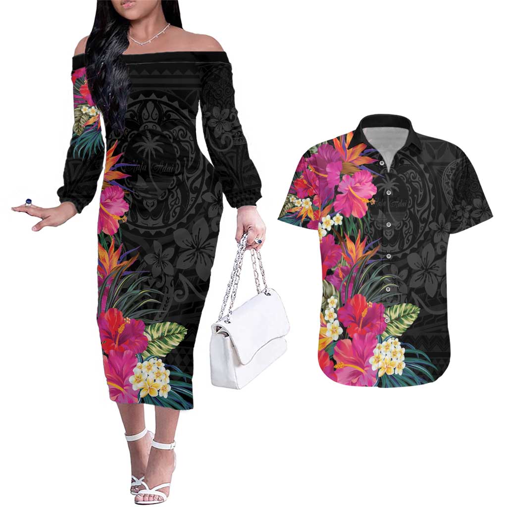 Hafa Adai Guam Couples Matching Off The Shoulder Long Sleeve Dress and Hawaiian Shirt Tropical Flowers Colorful Vibes LT9 Black - Polynesian Pride