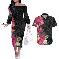 Hafa Adai Guam Couples Matching Off The Shoulder Long Sleeve Dress and Hawaiian Shirt Tropical Flowers Colorful Vibes LT9 Black - Polynesian Pride