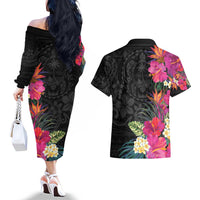 Hafa Adai Guam Couples Matching Off The Shoulder Long Sleeve Dress and Hawaiian Shirt Tropical Flowers Colorful Vibes LT9 - Polynesian Pride